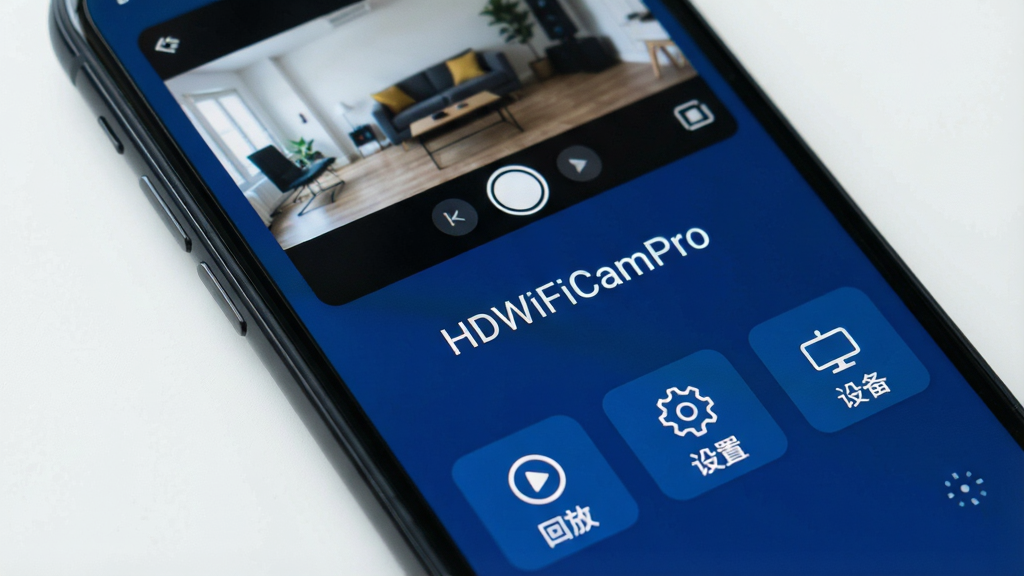 一张高清智能手机屏幕特写,屏幕中央显示“HDWiFiCamPro”应用界面,界面风格简洁现代,以深蓝色为基调,顶部有摄像头实时画面预览,底部有清晰的“回放”、“设置”、“设备”等按钮图标,整体布局干净,画质细腻,无多余元素。