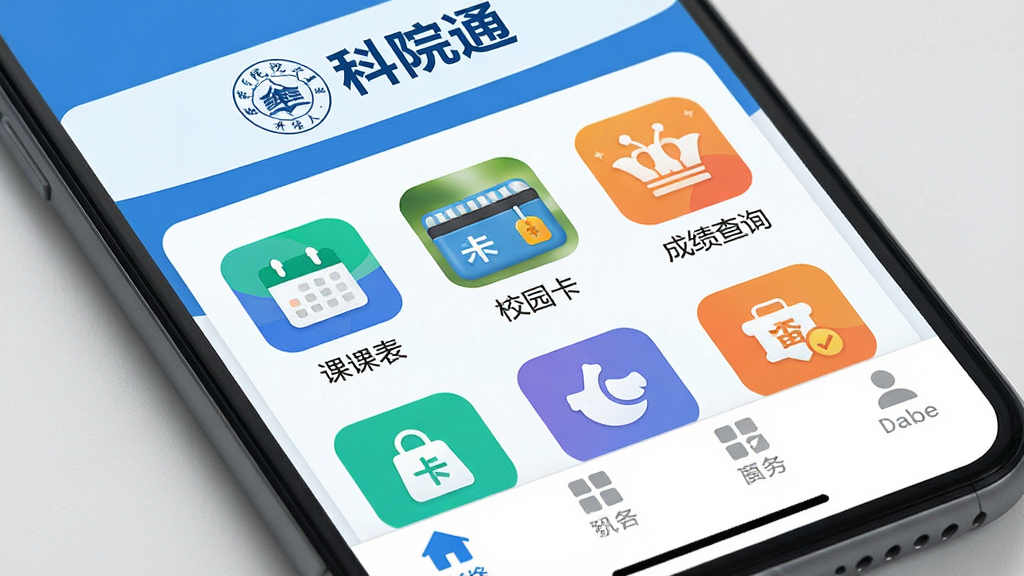 一张手机屏幕特写,屏幕上清晰显示“科院通”APP的首页界面,顶部有学校校徽和“科院通”字样,中部是课表、校园卡、成绩查询等彩色功能图标,排列整齐,底部有导航栏。整体风格扁平化,蓝白主色调,界面干净整洁,没有多余元素,画质高清,光线均匀。