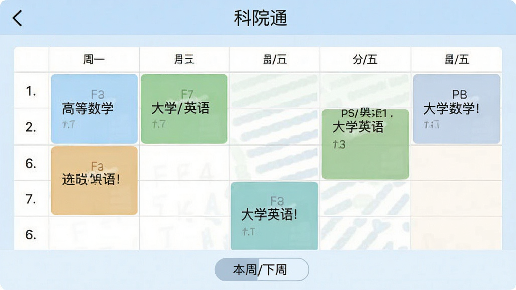 一张应用内课表页面的截图,顶部有“科院通”的字样,背景是淡蓝色,主区域是一周课表网格,不同课程块用不同颜色标注,例如周一高等数学是浅蓝色块,周三大学英语是浅绿色块,底部有“本周/下周”切换按钮。界面简洁清晰,字体规整,画质干净,无多余元素。