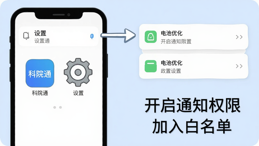 一幅插画风格的教程图,背景是浅蓝色,左侧是一台手机,屏幕上显示“科院通”图标和“设置”齿轮,右侧用箭头指向手机的通知栏和电池优化设置,下方有文字“开启通知权限”、“加入白名单”。整体风格简洁明了,画质干净,无多余元素。