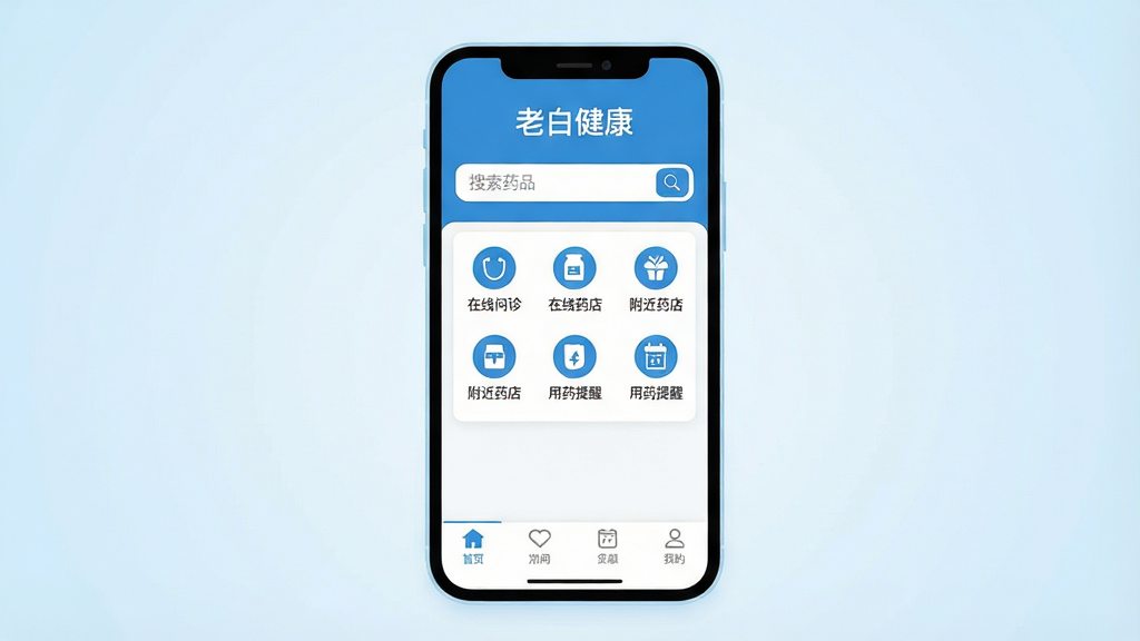 һ�ű�ƽ�����������ֻ���Ļչʾͼ����Ļ������ʾ���ϰ׽�������Ӧ�ý��棬������������ɫΪ������������ҩƷ�������ù���ͼ�꣨�������������ҩ�ꡢ��ҩ���ѣ����ײ������������岼�ּ������������ִ��ɾ�������Ϊ����ɫ���䣬���ʸ��壬�޶���Ԫ��
