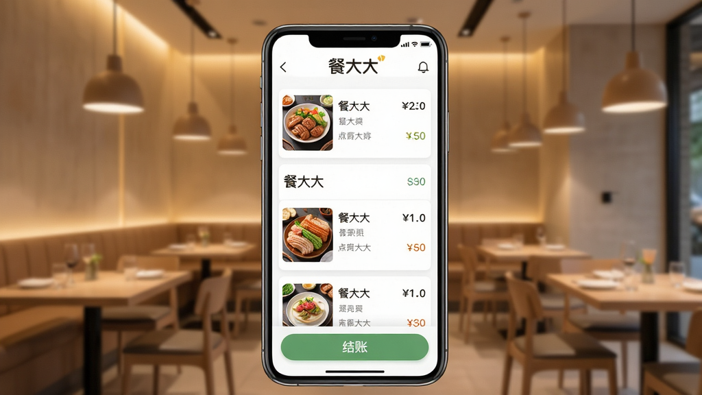 一张展示餐大大软件核心界面的高清截图,主体为一部智能手机屏幕特写,屏幕内清晰显示餐大大点餐收银主界面,背景是模糊的现代简约餐厅环境,暖色调灯光,界面布局简洁,上方有“餐大大”品牌标识,中间展示菜品列表和价格,底部有“结账”按钮,整体风格扁平化,细节圆润,画质干净无多余元素。