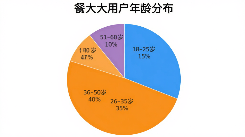 一张展示用户评价数据的饼状图,标题为“餐大大用户年龄分布”,饼状图分为四块,18-25岁占15%,26-35岁占35%,36-50岁占40%,51-60岁占10%,配色鲜艳清晰,背景为纯白色,画质干净无多余元素。