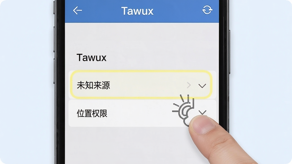 һ���ֻ�������ʾͼ����Ļ��չʾTawux������ҳ�棬������ʾ��δ֪��Դ���͡�λ��Ȩ�ޡ�ѡ��Ա�����ָ�����ʾ�⣬����Ϊǳɫ��������ѧ�磬���ʸɾ���