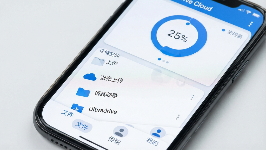 һ�������ֻ���Ļ��д����Ļ����ʾ��Ultradrive Cloud���������棬�������ƽ����������ɫ���Ϸ���ʾ�洢�ռ�ʹ���������ͼ���м�Ϊ����ϴ����ļ��б����ײ�����ѡ����ļ������䡢�ҵġ������岼��������ͼ����Բ�󣬱���Ϊǳ��ɫ������ɾ��������޶���Ԫ�أ����ʸ��塣