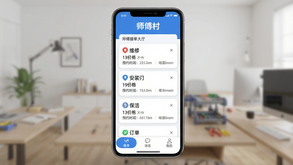 ʦ����APP������Ч��ͼ���ֻ���Ļ��ʾʦ���ӵ��������б�����չʾά�ޡ���װ������ȶ�����Ƭ����Ƭ���о��롢�۸�ԤԼʱ����Ϣ�����������ִ���������ɫ��������ײ��С��ӵ���������Ϣ�������ҵġ�����ѡ������岼�ֱ�ƽ����ϸ��Բ�󣬻��ʸ���ɾ����޶���Ԫ�أ�������ͼ������ͻ�����Ϸ���ʾ��ʦ���塱Logo������