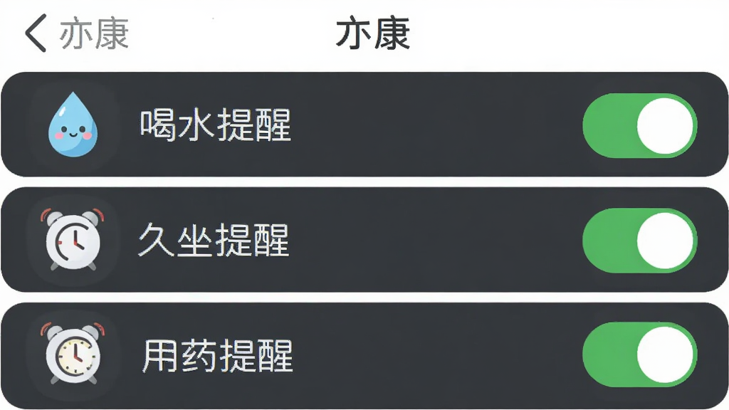 一张展示“亦康”应用提醒设置界面的图片,界面展示“喝水提醒”、“久坐提醒”、“用药提醒”三个开关选项,每个选项右侧有绿色开关按钮,背景为白色,文字为深灰色,配有一个可爱的水滴图标和闹钟图标,整体设计简约清爽,画质清晰。