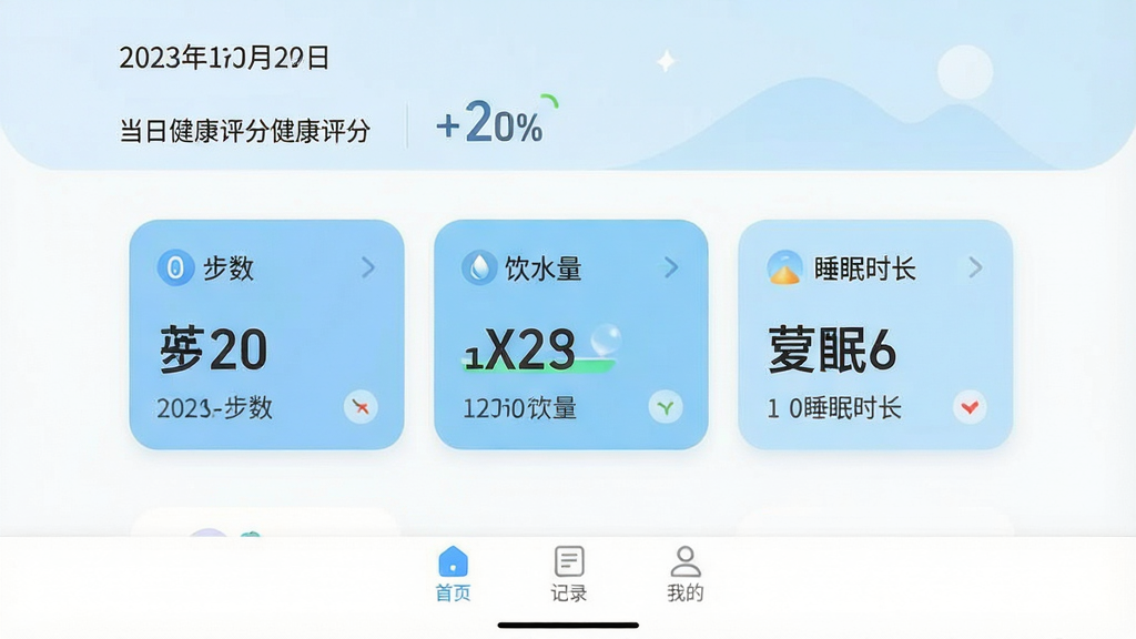 一张展示“亦康”手机应用主界面的高清截图,界面设计简洁现代,以白色和淡蓝色为主色调,顶部显示日期和当日健康评分,中间用大卡片形式展示步数、饮水量和睡眠时长三个核心数据,底部导航栏清晰标注“首页”、“记录”、“我的”三个选项,整体布局清爽,图标圆润精致,画质干净无多余元素。