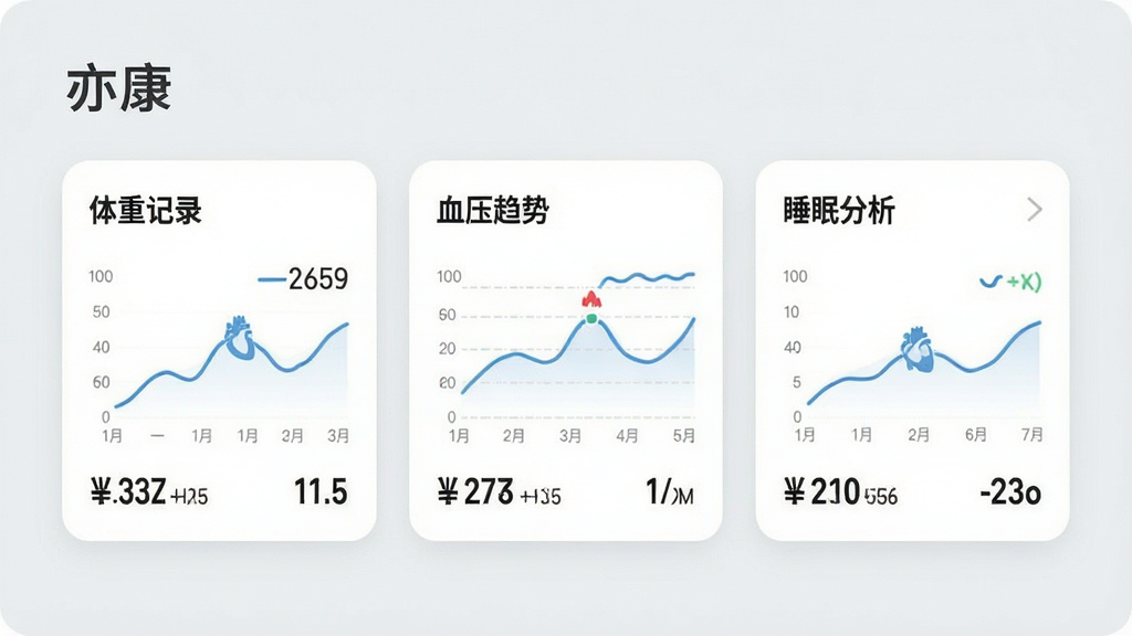 一张展示“亦康”应用内数据记录功能的界面图,界面采用卡片式布局,显示“体重记录”、“血压趋势”、“睡眠分析”三个模块,每个模块都有简洁的折线图和具体数字标注,背景为浅灰色,卡片为白色圆角设计,文字清晰,整体风格扁平化,画质干净明亮。