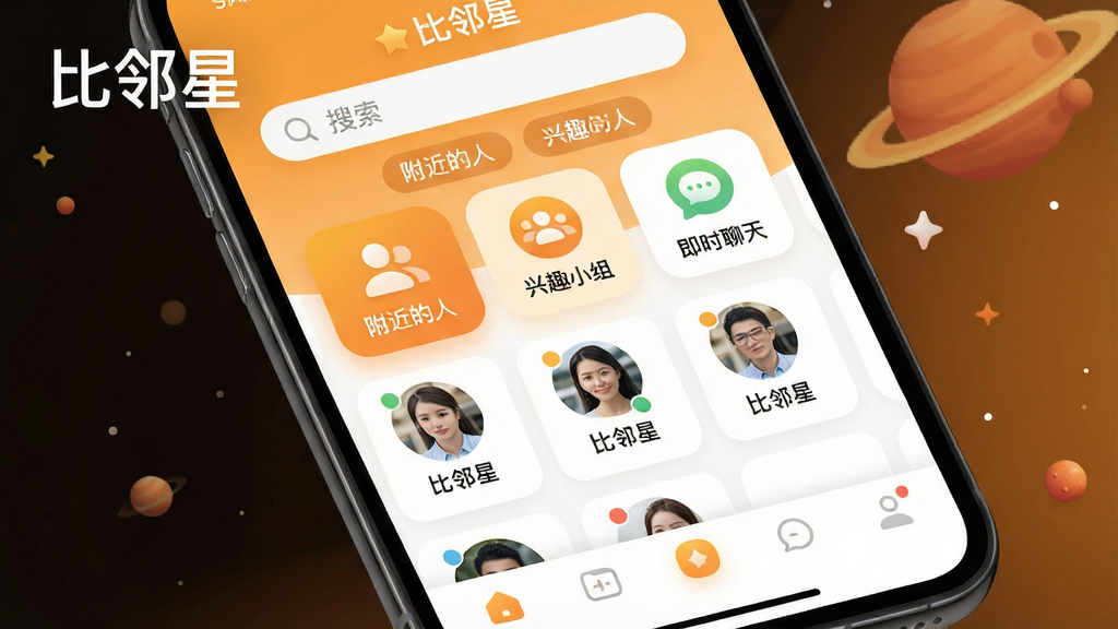 һ��չʾ�������ǡ�App���Ľ���ĸ�������ͼ�������������ֻ���Ļ��д����Ļ����ʾ�������ǡ������棬�������������ˡ�������ȤС�顱������ʱ���족������ͼ�꣬����Ϊ���½ṹ���Ϸ�����������ɸѡ��ǩ���м����û���Ƭ�б����ײ�Ϊ������������ִ���ƽ����ɫ��Ϊ��ů�ĳȻ�ɫ���ɫ��ϸ��Բ�󣬻��ʸɾ��޶���Ԫ�أ�ͼƬ�ϴ��С������ǡ�������