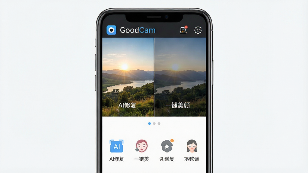 ������һ��չʾGoodCam�ֻ�Ӧ�ú��Ĺ��ܵ�����ͼƬ��������һ�������ֻ���Ļ��ʾGoodCam���������棬���ֲ������·������ϰ벿����ʾһ�ž���AI�޸��ķ羰��Ƭ�Ա�ͼ���°벿���Ǽ��Ĺ���ͼ�갴ť���Ű�Ҫ���������Ϊ�ִ���ƽ��UI��ƣ�ϸ�ڰ�����Ļ�еġ�GoodCam��Ӧ�����������ͼ������Ĺ��ܱ�ǩ�硰AI�޸�����һ�����ա������ʸɾ��޶���Ԫ�ء�