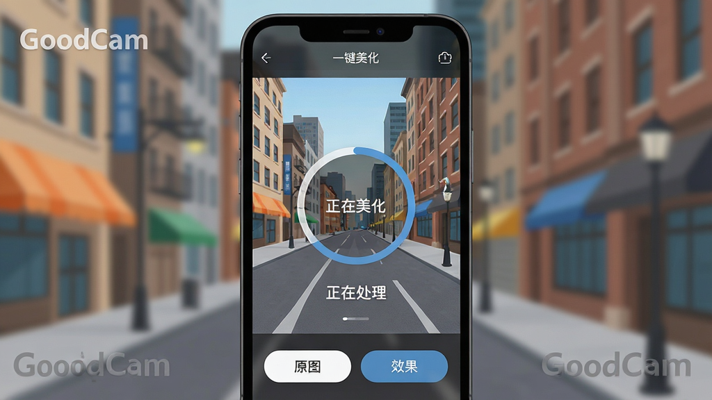 ������һ��չʾGoodCam�����������̵Ľ�ѧ��ͼ���ͼƬ������Ϊ�ֻ���Ļ���棬��ʾ���ڶ�һ�ų��н־���Ƭ���С�һ�������������������м���Բ�ν��������ײ��С�ԭͼ���͡�Ч�����ԱȰ�ť���������������Ϊ��ƽ��UI�廭��ϸ�ڰ�����GoodCam��ˮӡ�͡����ڴ�����������ʾ�����ʸɾ��޶���Ԫ�ء�