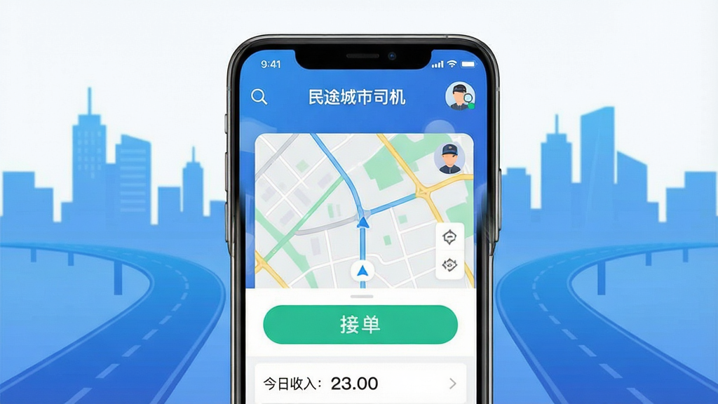 һ���ֻ�Ӧ���̵����������ͼ�������ǡ���;����˾����APP�Ľ����ͼ������չʾ������Ϊ�������ɫ���е�·��Ӱ��������ʾ�����Ľӵ���ť��������ͼ�ͽ����������֣��������ҶԳƣ��Ű�ɾ�������ִ���ƽ��ϸ�ڰ����Ŵ�ͼ���˾��ͷ�񣬻��������ɾ����޶���Ԫ�ء�