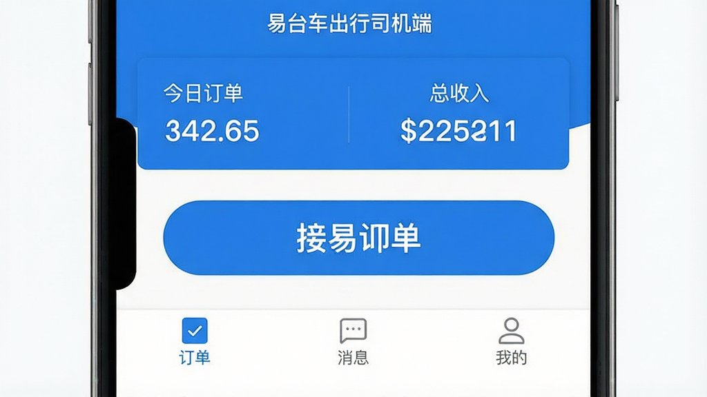 一张手机屏幕截图样式的图片,展示“易台车出行司机端”的主界面,界面设计简洁现代,以蓝色和白色为主色调,顶部显示“今日订单”和“总收入”,中间是清晰的大字体接单按钮,底部有“订单”、“消息”、“我的”三个导航标签,整体风格扁平化,画质干净,无多余元素。
