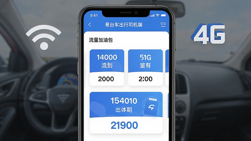 一张手机APP界面截图,显示“易台车出行司机端”中的“流量加油包”购买页面,包含几个不同流量大小的套餐卡片,背景有WiFi和4G信号的图标,设计风格简洁,蓝白配色,画质干净清晰。