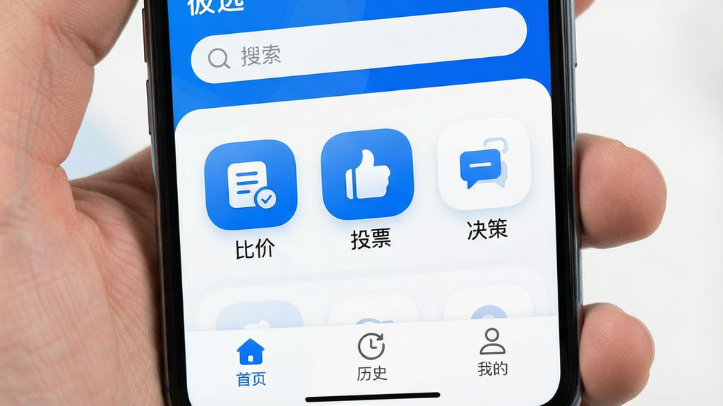 一张手机屏幕的特写,屏幕中显示一款名为“彼选”的App主界面,界面风格简洁现代,以蓝白为主色调,顶部有搜索框,中间是几个大图标按钮,分别标注“比价”、“投票”、“决策”,底部有“首页”、“历史”、“我的”三个选项卡,整体排版清晰,图标圆润,画质干净明亮,无多余元素。