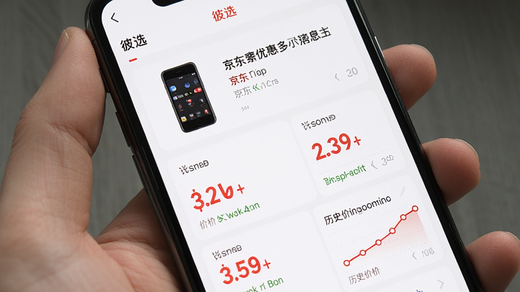 手机屏幕展示“彼选”App的比价结果页面,页面上方是商品图片和标题,下方用列表形式对比显示京东、淘宝、拼多多的价格和优惠信息,价格数字用红色大字突出显示,历史价格曲线图清晰可见,界面简洁直观,画质干净无多余元素。