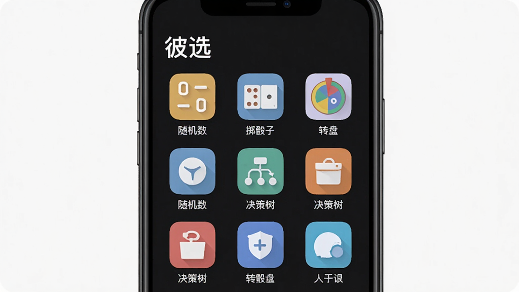 手机屏幕展示“彼选”App的工具集合页面,页面以网格布局显示“随机数”、“掷骰子”、“转盘”、“决策树”等图标,每个图标下方有对应名称,整体背景干净,图标风格统一为扁平化设计,画质清晰。