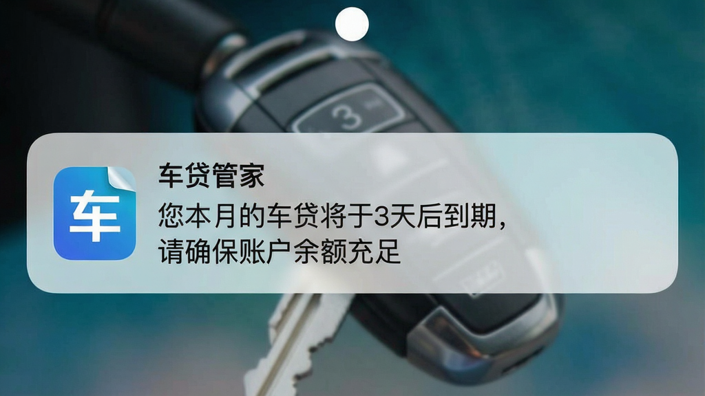 一张智能手机锁屏界面的截图,屏幕中央有一条横幅通知,显示“车贷管家”图标和文字“您本月的车贷将于3天后到期,请确保账户余额充足”,通知样式简洁清晰,背景是模糊的汽车钥匙图片,画面干净,突出提醒内容,无多余元素。