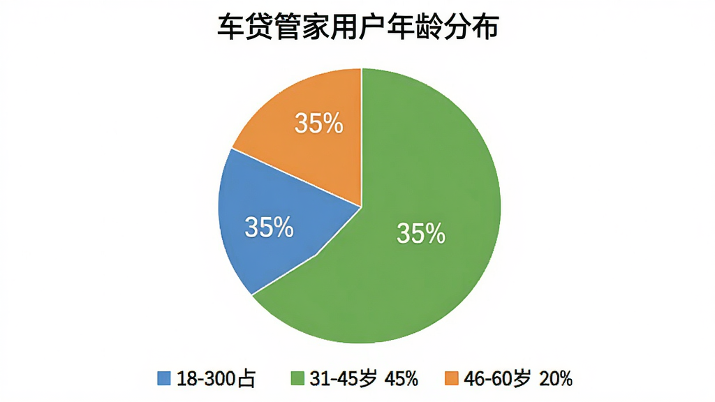 一张饼状图,标题为“车贷管家用户年龄分布”,图中显示18-30岁占35%,31-45岁占45%,46-60岁占20%,下方用图例标注不同颜色,整体风格简洁,图表清晰,背景为白色,画质干净。