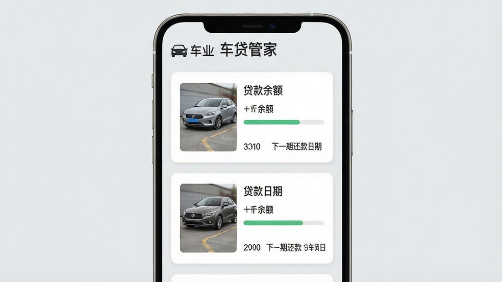 一张手机应用界面的设计图,界面顶部显示“车贷管家”字样,中间以卡片列表形式展示两辆不同车辆的贷款信息,每张卡片包含车型缩略图、贷款余额、还款进度条和下一期还款日期,背景为浅灰色,信息布局整齐,风格扁平清爽,画质干净。