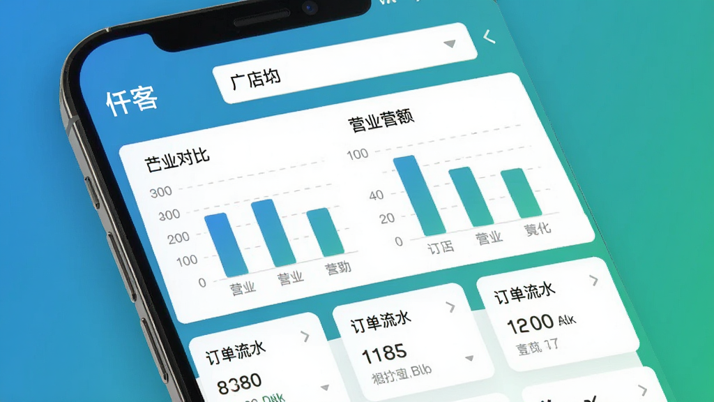 手机屏幕展示“仟客”的多门店管理界面,顶部有门店切换下拉菜单,中间用柱状图对比两家门店的营业额,下方是各门店的订单流水卡片。整体界面采用蓝绿色渐变背景,白色卡片,数据对比清晰,风格现代商务,画质干净无多余元素。