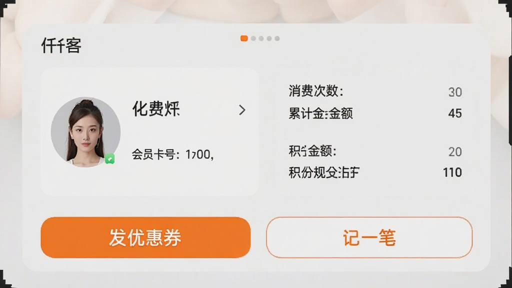 手机界面展示“仟客”的会员管理页面,左侧是会员头像和姓名、会员卡号,右侧是消费次数、累计金额和积分数据,底部有“发优惠券”和“记一笔”两个按钮。背景为浅灰色卡片式布局,使用了橙色点缀,信息层级分明,画质清晰,无多余元素。