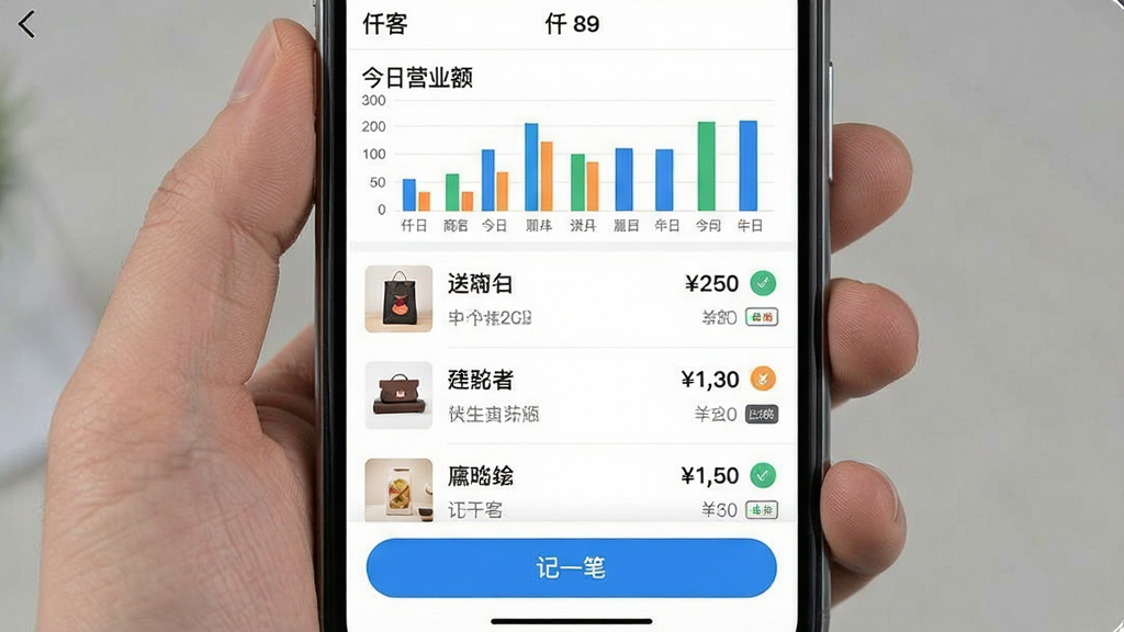 一张手机截图,显示“仟客”的收银记账页面,背景为白色,页面顶部是“今日营业额”的柱状统计图,中间列出几笔交易记录,每条记录包含商品缩略图、名称、金额和支付方式图标,底部有一个蓝色的“记一笔”悬浮按钮。界面字体清晰,色彩对比舒适,风格简洁商务,画质干净无多余元素。