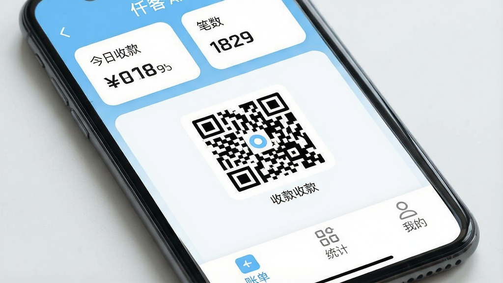 一张手机屏幕特写,屏幕中清晰显示“仟客”APP的主界面,界面风格为现代扁平化设计,主色调为浅蓝和白色,顶部有“今日收款”和“笔数”数据卡片,中间是醒目的收款二维码,底部设有“账单、统计、我的”三个导航标签。整体布局整洁,图标线条圆润,画质高清,干净无多余元素。