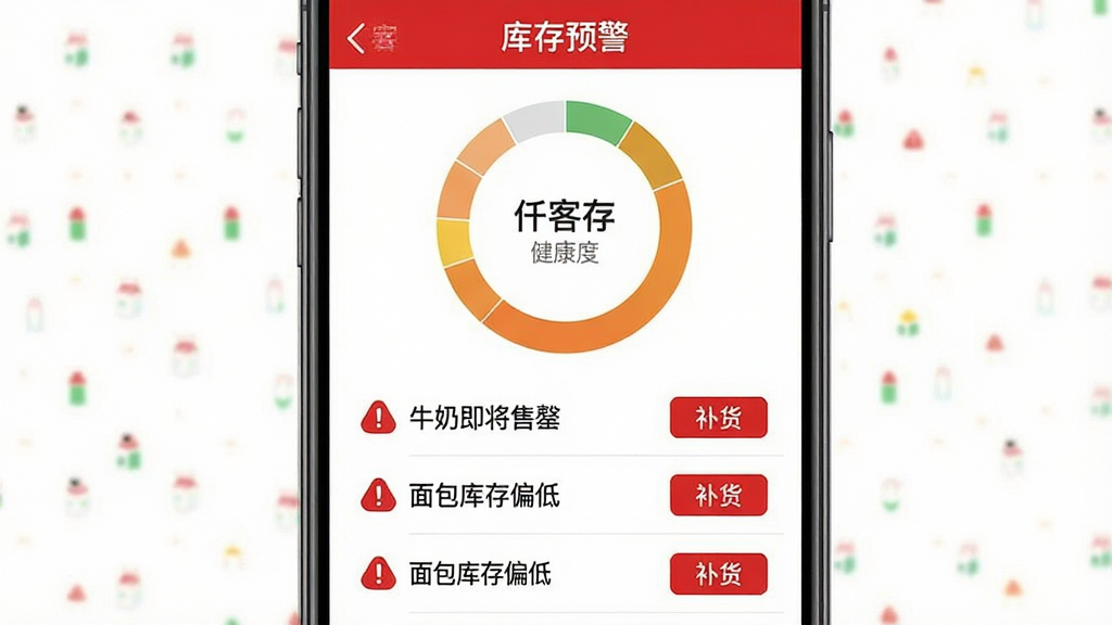 一张“仟客”库存预警的手机截图,页面中央是一个环形图显示库存健康度,下方用列表形式展示“牛奶即将售罄”、“面包库存偏低”等预警条目,每条旁边有红色感叹号图标和“补货”按钮。整体界面采用红白配色,数据可视化,风格简洁直接,画质干净。