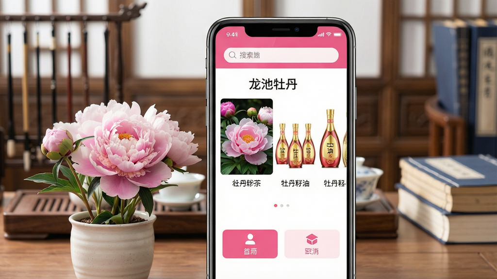 一张手机屏幕的特写,屏幕上清晰显示“龙池牡丹”APP的首页界面,界面设计简洁大方,以牡丹粉色和白色为主色调,顶部有搜索栏,中间展示着精美的牡丹花茶、牡丹籽油等产品图片,下方有功能按钮。手机旁边放着一小盆盛开的牡丹花,背景是虚化的中式书房,木质桌面上有茶具和几本书籍。整体画面明亮清晰,画质干净,无多余元素。