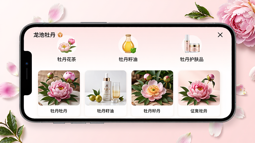手机横屏展示“龙池牡丹”APP的产品分类页面,页面上方是“牡丹花茶”、“牡丹籽油”、“牡丹护肤品”等图标标签,下方排列着对应的产品卡片,每个卡片上都有产品实拍图和名称。产品旁边点缀着新鲜的牡丹花瓣和茶叶。整体背景为浅粉色渐变,干净明亮,画质高清,无多余元素。