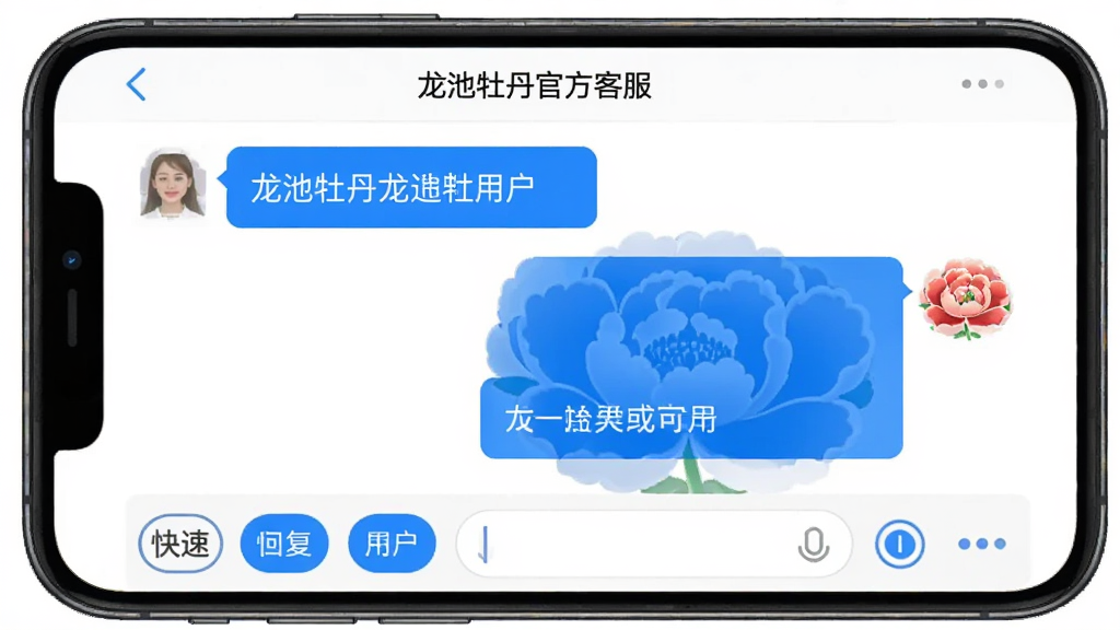 手机屏幕显示“龙池牡丹”APP的客服聊天界面,左侧是用户发送的消息气泡,右侧是客服回复的消息,客服头像是一个牡丹花图标。聊天框上方有“龙池牡丹官方客服”的字样,下方有快捷回复按钮和输入框。界面风格简洁,白色背景,蓝色按钮,画质干净,无多余元素。