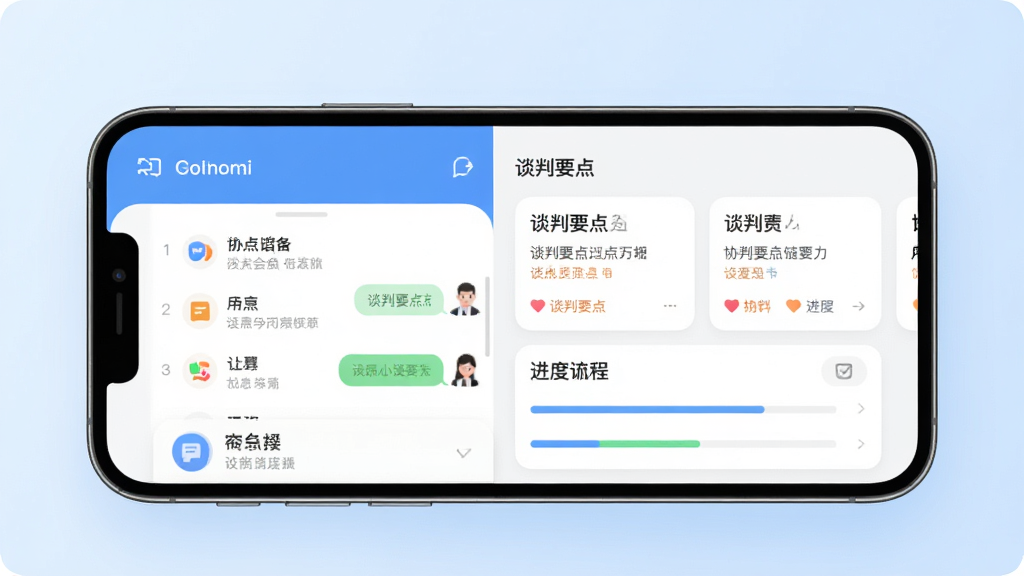ͼƬ����չʾ��Э�̡�APP����������������������ֻ���Ļ�ϵ����������棬����������ʾ�Ự�б���̸��Ҫ�㿨Ƭ�ͽ��ȸ���ģ�飬����Ϊ�ɾ���ǳ��ɫ���䣬����ִ���ƽ����ϸ�ڰ���Բ�ǿ�Ƭ��������ͼ����Ѻõ�������ʾ�����廭��ɾ��������޶���Ԫ�ء�