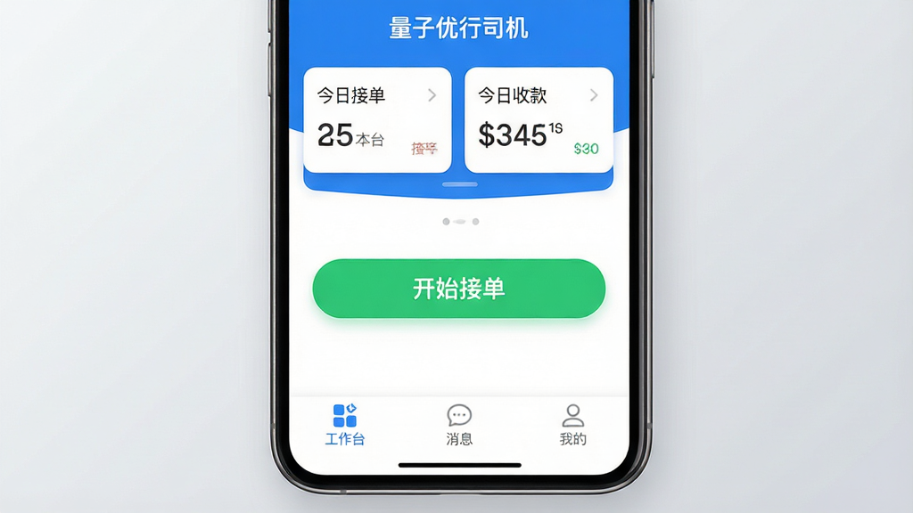 ͼƬ����Ϊһ�������ֻ���Ļռ�ݻ������ģ���Ļ��������ʾ����������˾����APP�������棬����������Ϊ��ɫ����������ʾ�����սӵ����͡������տ���ݿ�Ƭ���м�����Ŀ�ġ���ʼ�ӵ�����ɫ��ť���ײ�������Ϊ������̨��������Ϣ�������ҵġ�����ͼ�ꡣ���岼�ֲ��ü��ı�ƽ����Ʒ��ͼ��Բ��ɫ�����죬����Ϊǳ��ɫ���䣬����ɾ��޶���Ԫ�أ����ʸ��壬��Ⱦ��רҵ���Ѻõ��ƶ��˹��������ʸС�