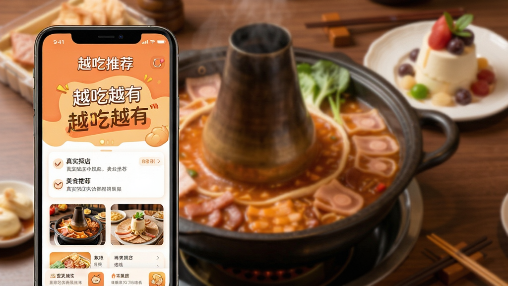 �ֻ���Ļչʾ��ʳ�Ƽ�Ӧ�ã������汳���黯��ʾ���˻������Ʒ��ǰ���ֻ���Ļ�����ɼ���Խ��Խ�С�APP���棬�������Լ�ִ���ɫ����ů������ǿ����ʵ̽������ʳ�Ƽ����ܣ����ʸɾ��޶���Ԫ�أ�������Ⱦ