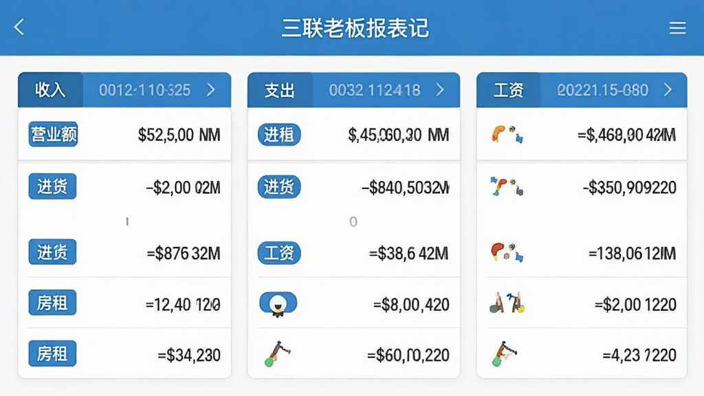 �����ϰ屨���ļ��˽��棬չʾ������֧�������ǩ����Ӫҵ����������⡢���ʵȣ�ÿһ������н������ڣ������࣬����������������ɫ����ƽ��񣬻��ʸɾ��޶���Ԫ��