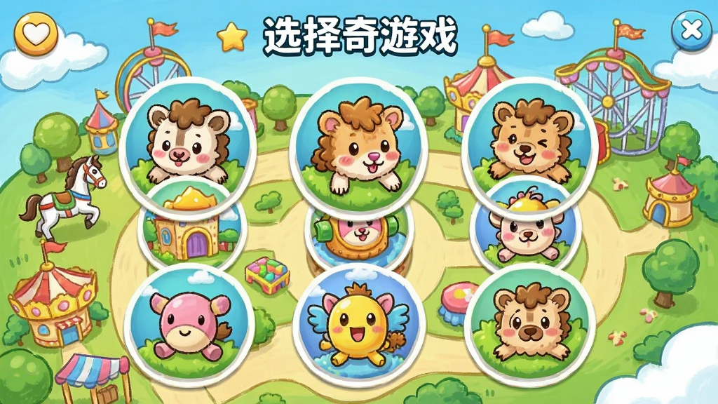 ����Ϊ����԰�����ǡ�Ӧ���ڵ���Ϸѡ����棬�ԾŹ��񲼾�չʾ����С��Ϸͼ�꣬ÿ��ͼ��ΪԲ�ο�ͨͼ���������ǻ��ֵ�����԰�ֻ��ͼ�������С�ѡ����Ϸ�����֣��Ű����룬ɫ�����죬���ɰ�������ɾ���