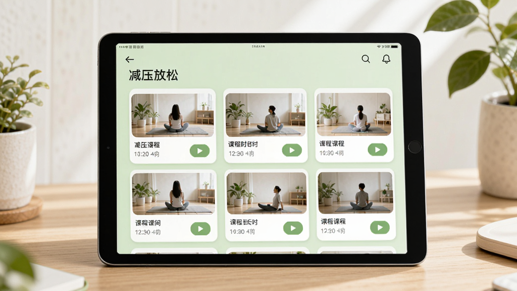 չʾ������������ƽ̨APP�ڵķ���ѵ���γ��б�ҳ��������ƽ�������Ļ����Ļ����ʾ����ѹ���ɡ������µĶ���γ̿�Ƭ��ÿ����Ƭ������ͼ���γ�ʱ���Ͳ��Ű�ť��������ǳ��ɫΪ��ɫ���������ɫ��Ƭ���������������������Ȼ������ϸ��ɾ����޶���Ԫ�ء�