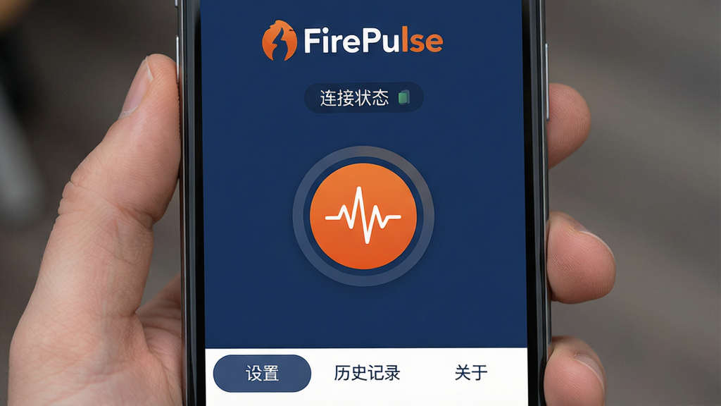 һ��չʾFirePulseӦ��������ĸ����ͼ������Ϊ�ֻ���Ļ�����沼�ּ�࣬������ɫ�ͳ�ɫΪ��ɫ����������ʾ��FirePulse��logo�͡�����״̬�����֣��м�ΪԲ�����尴ť���ײ�Ϊ�����á���ʷ��¼�����ڡ�����ѡ�������ִ���ƽ��ϸ��Բ�󣬻��ʸɾ��޶���Ԫ�ء�