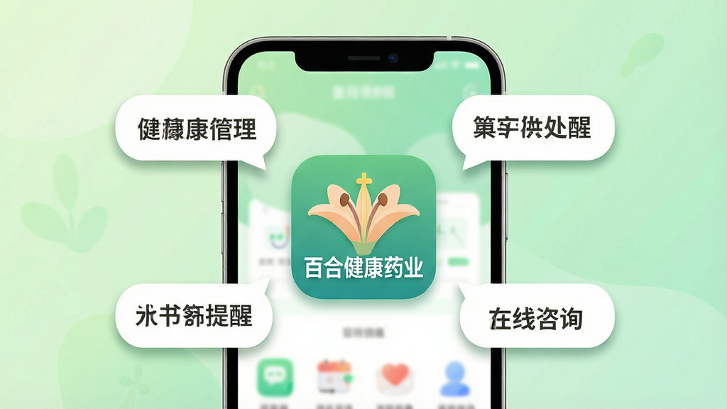 �ֻ���Ļ��������ʾ���ٺϽ���ҩҵ����APPͼ�꣬ͼ����Χ�����Ž�����������ҩ���ѡ�������ѯ�ȹ������ݣ���������͵�ǳ��ɫ���䣬�����������ֻ�����չʾӦ����ҳ���֣��Ű���þ��жԳƹ�ͼ�����Ϊ�ִ���ƽ���廭��ϸ����ͼ��Բ���������������ݴ�����΢��Ӱ�����ʸ���ɾ��޶���Ԫ��