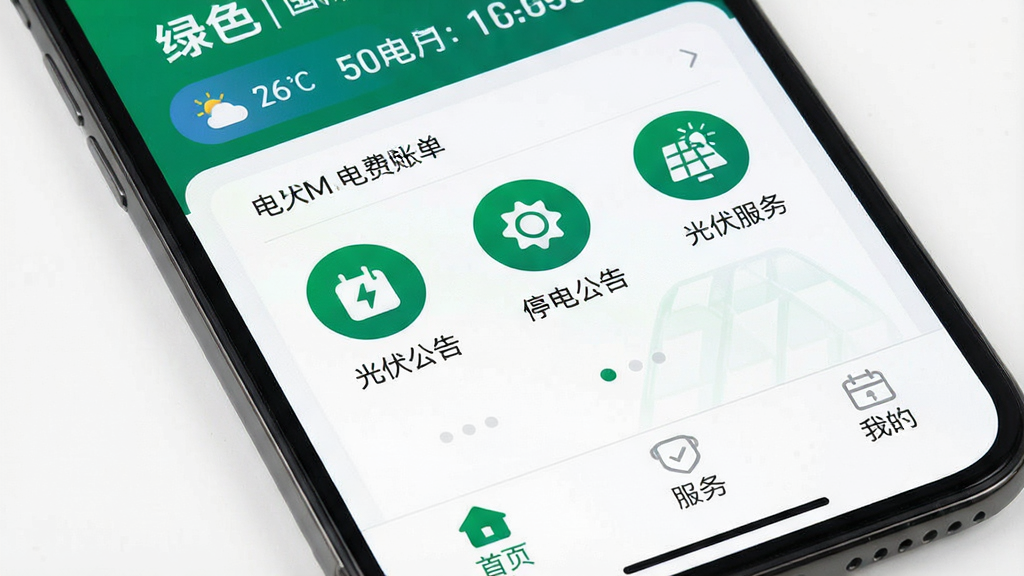 һ���ֻ���Ļ��д����Ļ�����ǡ���ɫ������App�������棬���ù�����־�Ե���ɫ�Ͱ�ɫ��Ϊ��ɫ�������沼��������������ʾ�������õ继�ţ��м��ǵ���˵���ͣ�繫�桢��������Բ�ι���ͼ�꣬�ײ�����������ҳ�������ҵ�����ѡ��������ִ���࣬��ƽ����ƣ�ͼ��Բ��ϸ�����������ʸɾ����޶���Ԫ�ء�