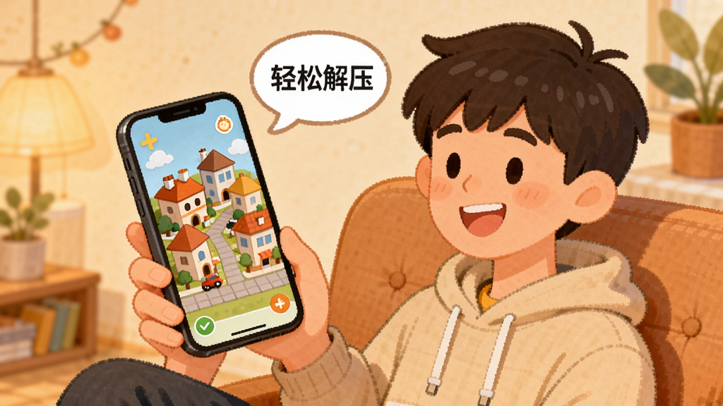 袖珍建造师 用户评价场景图,画面展示一个年轻人在沙发上拿着手机微笑,手机屏幕上显示着建造好的可爱小城镇,旁边有一个气泡框写着“轻松解压”,整体氛围温馨愉快,插画风格,色彩温暖,画质清晰,无多余元素。