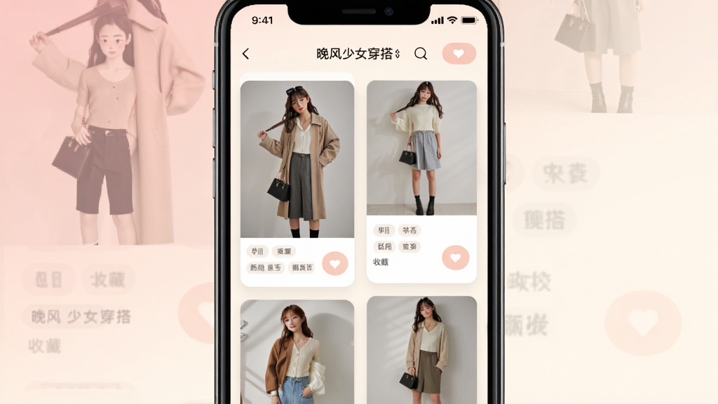 �ֻ�����չʾ��������Ů���App�Ĵ�������ٲ������������ж�����Ƭ��ÿ�ſ�Ƭ�������˷�����ͼ����Ʒ��ǩ���ղذ�ť������Ϊǳ�����װ׽��䣬�������룬�����ܰ�����������ɾ���