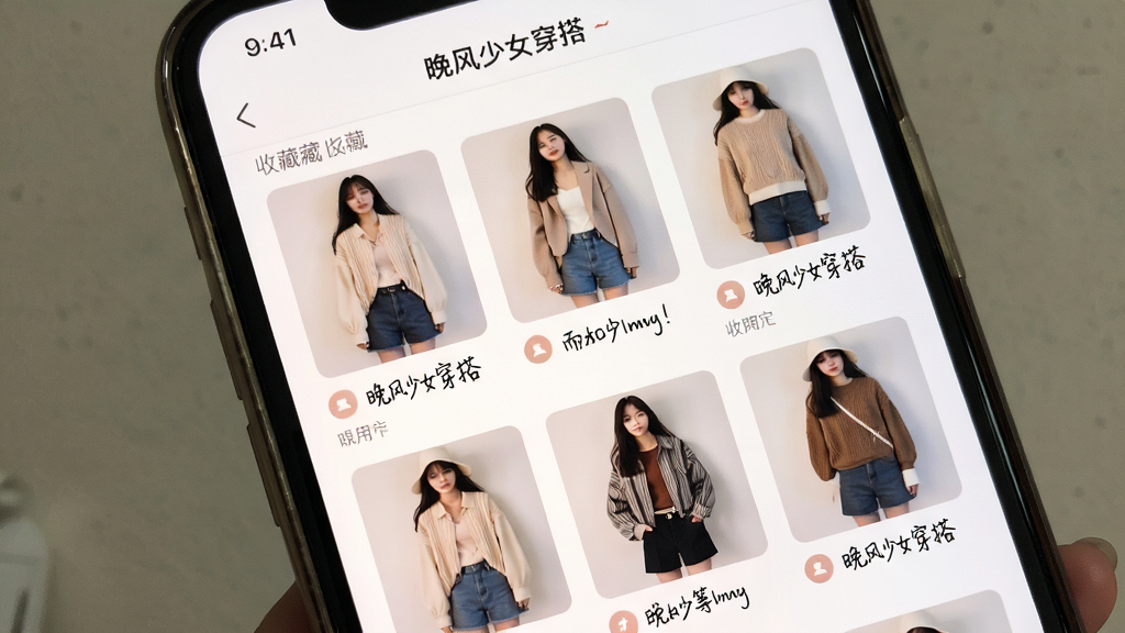 �ֻ���Ļ��ʾ��������Ů���App���ղؼ�ҳ�棬�������ж��״�������ͼ��ÿ���·����û���д���ıʼǱ�ǩ�����沼����������ɫ���ᣬ����ճ���ϸ�ڸɾ������ʸ��塣