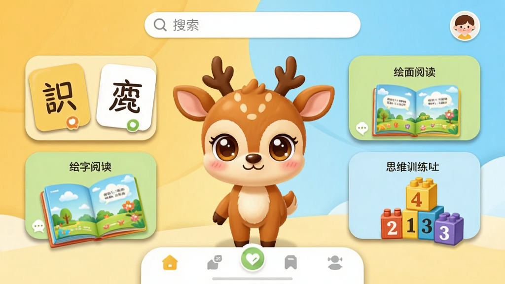 С¹����App������ȫòչʾ������ʶ�ֿ�Ƭ���汾�Ķ���˼άѵ���������ģ����ڡ�������һ���ɰ���С¹��ͨ����վ���м䣬��Χ�����ź��ֿ�Ƭ����ɫ�汾�����ֻ�ľ�������������Ϸ������������û�ͷ���м��ǹ���ģ�鿨Ƭʽ���У��ײ��ǵ��������Ű����Բ�ǿ�Ƭ��ƣ������ܰͯȤ��ɫ����ů�ơ�ǳ�̡�����Ϊ����ϸ����С¹�۾���������Ƭ����΢��Ӱ�����ʸɾ��������޶���Ԫ�ء�
