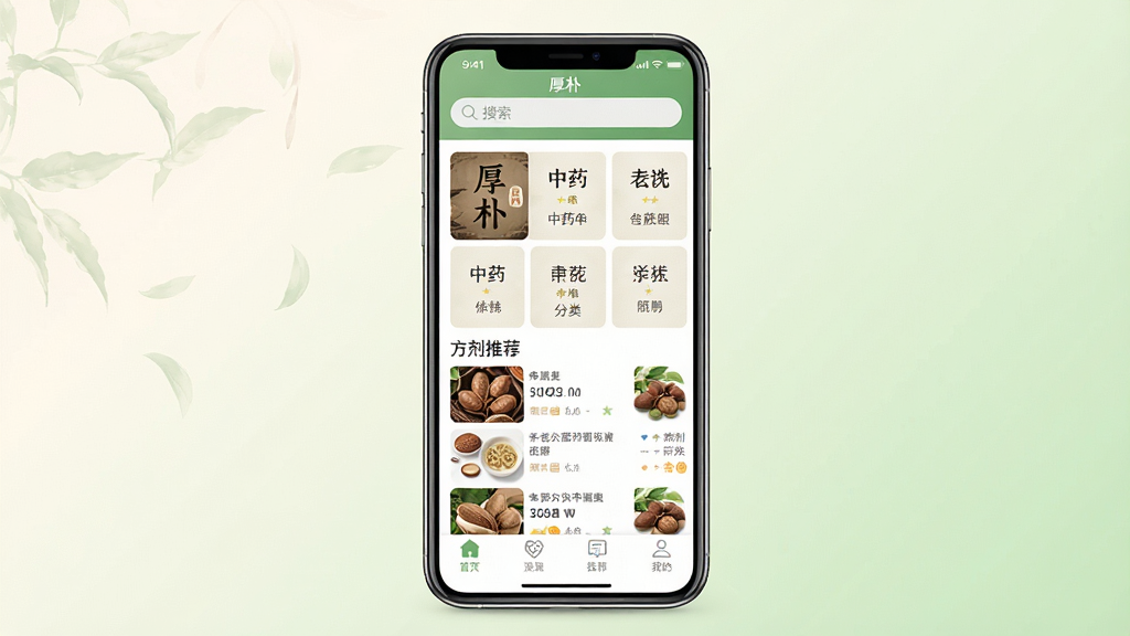 һ��չʾ����App���Ľ����ͼƬ�������������ֻ���Ļ����Ļ����ʾ����App����ҳ���������������м�����ҩ���࿨Ƭ�ͷ����Ƽ��б����ײ������������ɼ��������ǵ��ŵ��װ�ɫ��ǳ��ɫ���䣬�����������£����ʸɾ����޶���Ԫ�أ�����������ע�����ӡ�