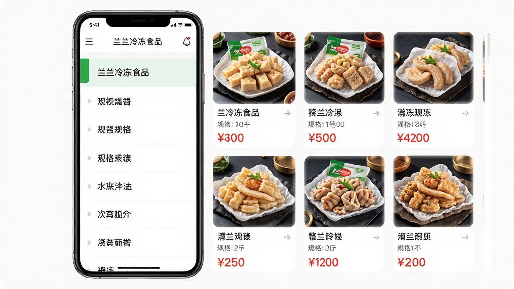 �ֻ�APP����չʾ����Ļ����ʾ�������䶳ʳƷ������Ʒ����ҳ�棬��������ŵĴ���Ŀ¼���Ҳ��Ǿ������Ʒ�б���չʾ�Ÿ����䶳ʳƷ��ͼƬ�����ơ����ͼ۸񣬽����Ű����룬�����ˬ�����ʸ��壬�޶���Ԫ�ء�