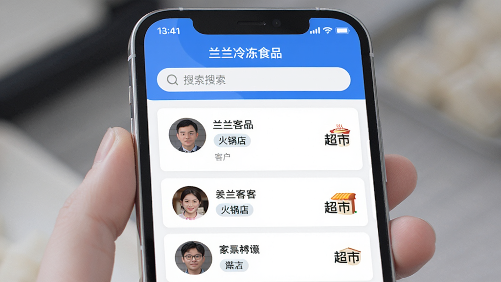 ��ͼ��ʾ�ʣ��ֻ���Ļչʾ�������䶳ʳƷ��APP�Ŀͻ��������棬�б����ж���ͻ�ͷ������ƣ��Ա��С�����ꡱ�������С��ȱ�ǩ�����������������������ִ����԰�ɫ����ɫΪ�������ʸ��壬�޶���Ԫ�ء�