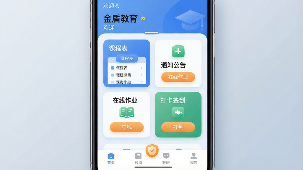���һ�Ž�����APP����������ͼ��������һ���ֻ���Ļ����Ļ��չʾ����ܽ�����Ӧ�ý��棬�����γ̱���֪ͨ���桢������ҵ����ǩ���ĸ���Ƭģ�飬����Ϊ������ӭ��в����ܿ�Ƭ���񡢵ײ����������Ű������������������ִ���ƽ����΢�ʸн�ϣ�ϸ����ͼ��Բ����ɫ��������Ϊ������׺����ů��ɫ��ť�����ʸ���ɾ��޶���Ԫ�أ�����Ϊ��ͽ���ǳ����ɫ��